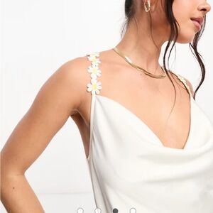 ASOS DESIGN satin cowl‎ neck mini slip dress with daisy trim straps in ivory NEW
